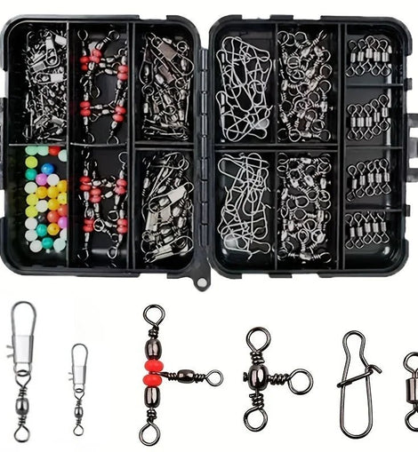 140 piece fishing gear kit, stainless steel swivel and float equipped snap button, durable black box suitable for anglers - The Salty Outfitter