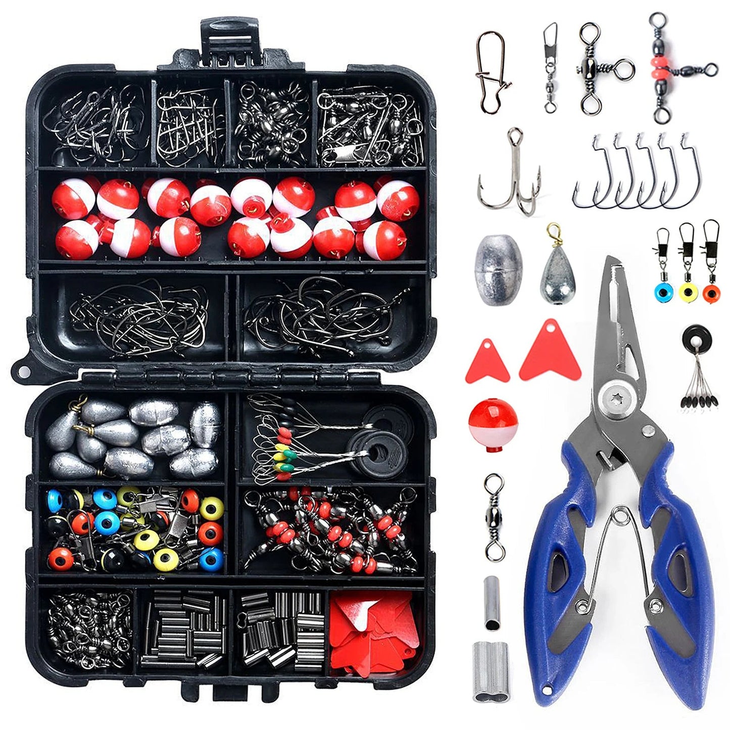 263pcs Fishing Accessories Set with Tackle Box Including Plier Jig Hooks Sinker Weight Swivels Snaps Sinker Slides - The Salty Outfitter
