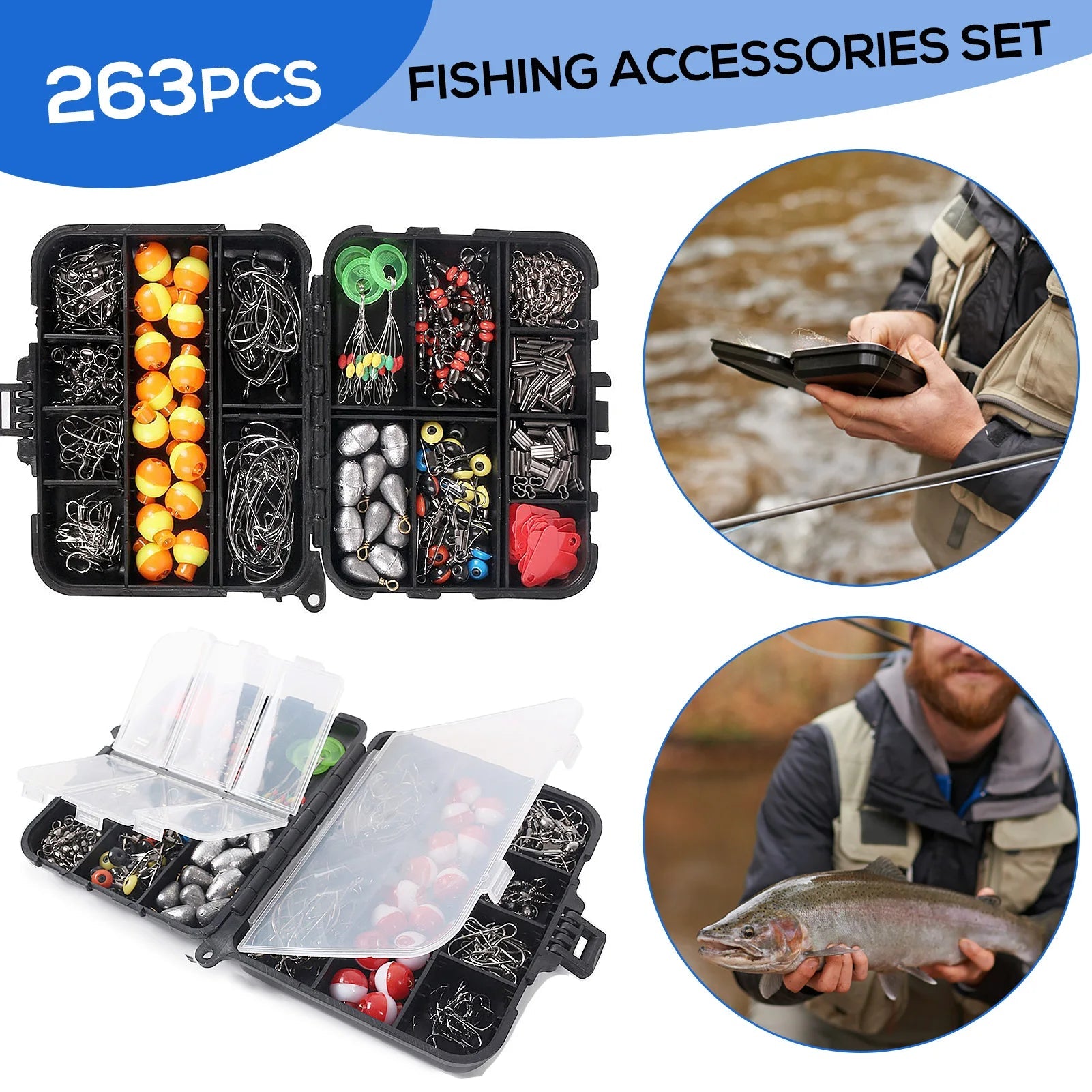 263pcs Fishing Accessories Set with Tackle Box Including Plier Jig Hooks Sinker Weight Swivels Snaps Sinker Slides - The Salty Outfitter