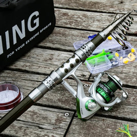 Carbon Fishing Rod Set for Deep Sea Fishing with Straight Handle Spinning Wheel Full Gear Durable Reels Kit for Rivers Lakes - The Salty Outfitter