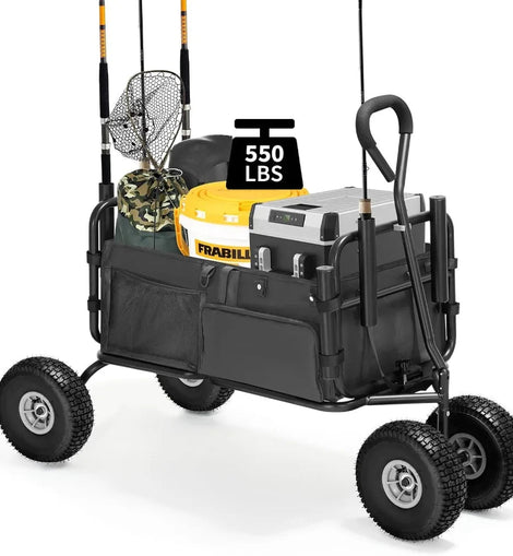 Fishing Cart Beach Cart Collapsible Wagon with 11”All Terrain Big Wheels,Heavy - Duty Garden Carts with 6 Holders and Storage Pock - The Salty Outfitter