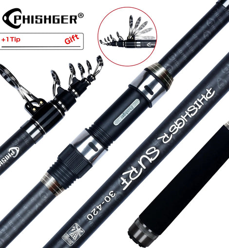 PHISHGER Telescopic Surf Spinning Rod 3.6/4.2/4.5m Power80 - 150g 30T Carbon Travel Surfcasting Shore Casting Biutifu Fishing Pole - The Salty Outfitter